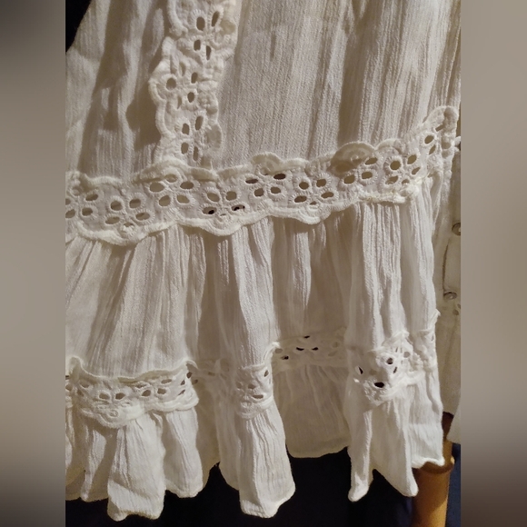 Free People Ivory Lace Peasant Mini Dress Eyelet Crepe Button Ruffle Long Sleeve - Picture 3 of 8